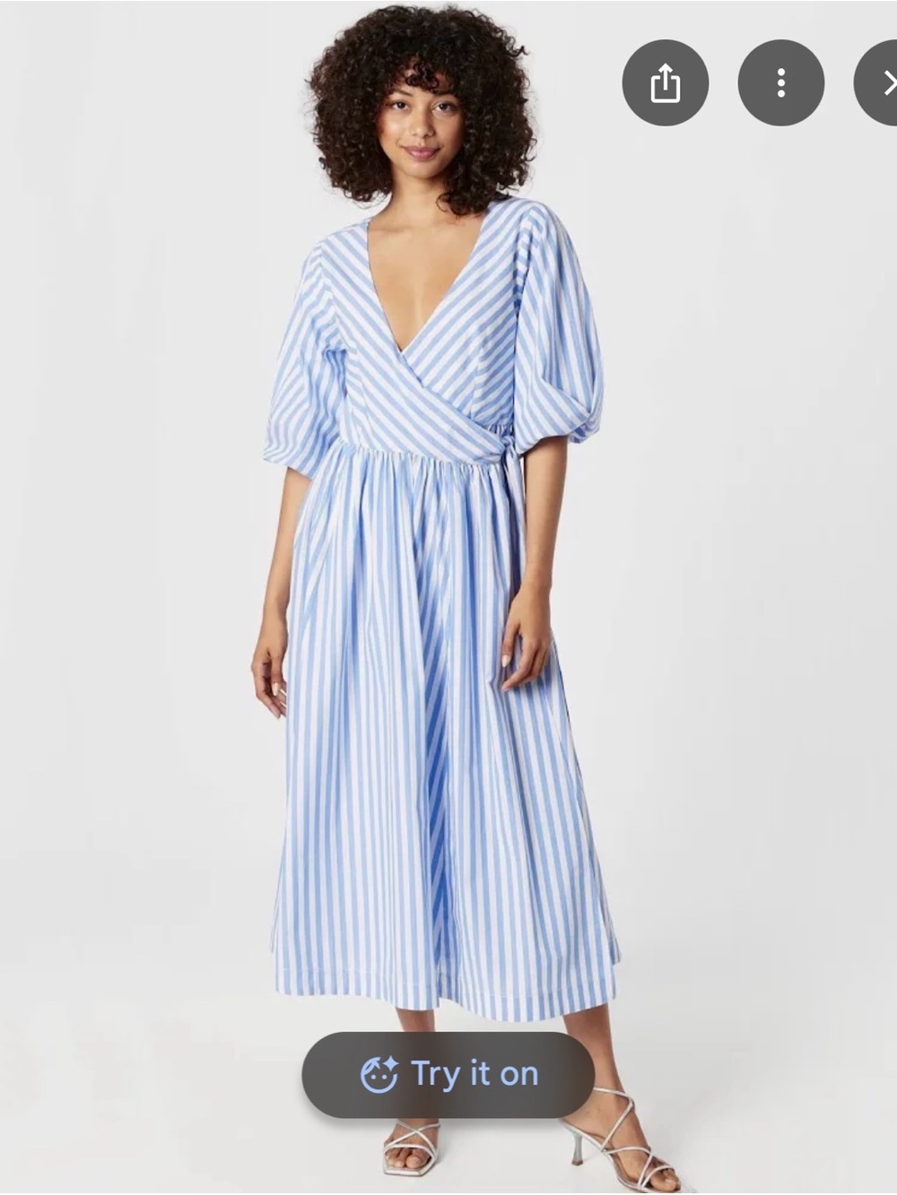 STAUD Jodie Blue and White Striped Wrap Midi Dress